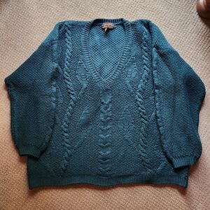 Vintage Eddie Bauer Teal Forest Green V-Neck Fisherman Sweater